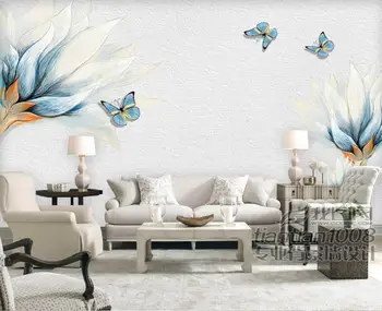 Običaj Retro plave pozadine sa ručno oslikanim u obliku cvijeća i leptira, restoran dnevni boravak TV kauč na zidove spavaće sobe freske papel de parede