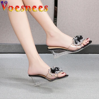 Voesnees/Ukusan ženske papuče sa dekoracijom u obliku kristala, Novo 2021, Dizajnerske Sandale Танкетке s perlicama, 6 cm, Ljetna Moda jednostavna cipele od PVC-a sa Visokim potpeticama